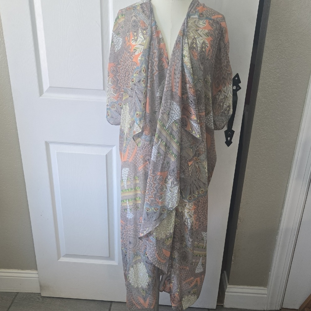 Umgee USA Boho‎ Geometric Feather Print Open Front Kimono Cardigan S/M A2871